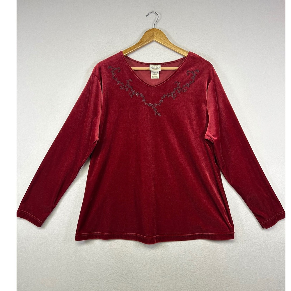 Holiday Vintage Bentley Plus Womens‎ 1X Burgundy Velvet Beaded V-Neck Top Blouse